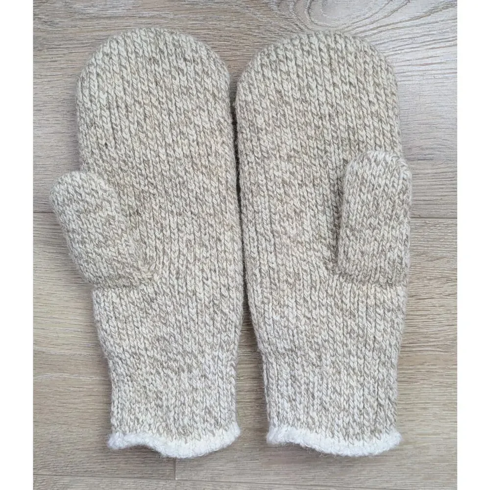 Wool 85% Blend Knit Mittens Large Oatmeal Beige Fleece Lined Rustic Warm Haiti